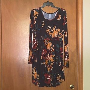 Black Floral Knee-length Long Sleeve Dress